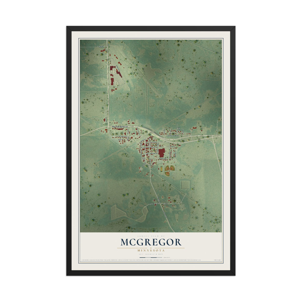 Map of McGregor, Minnesota, 12 x 18 inch print in a black wood frame