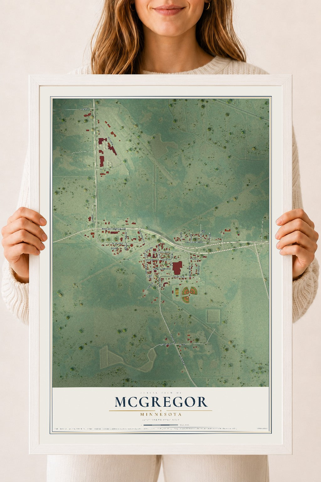 Map of McGregor, Minnesota, 18 x 24 inch print in a white wood frame
