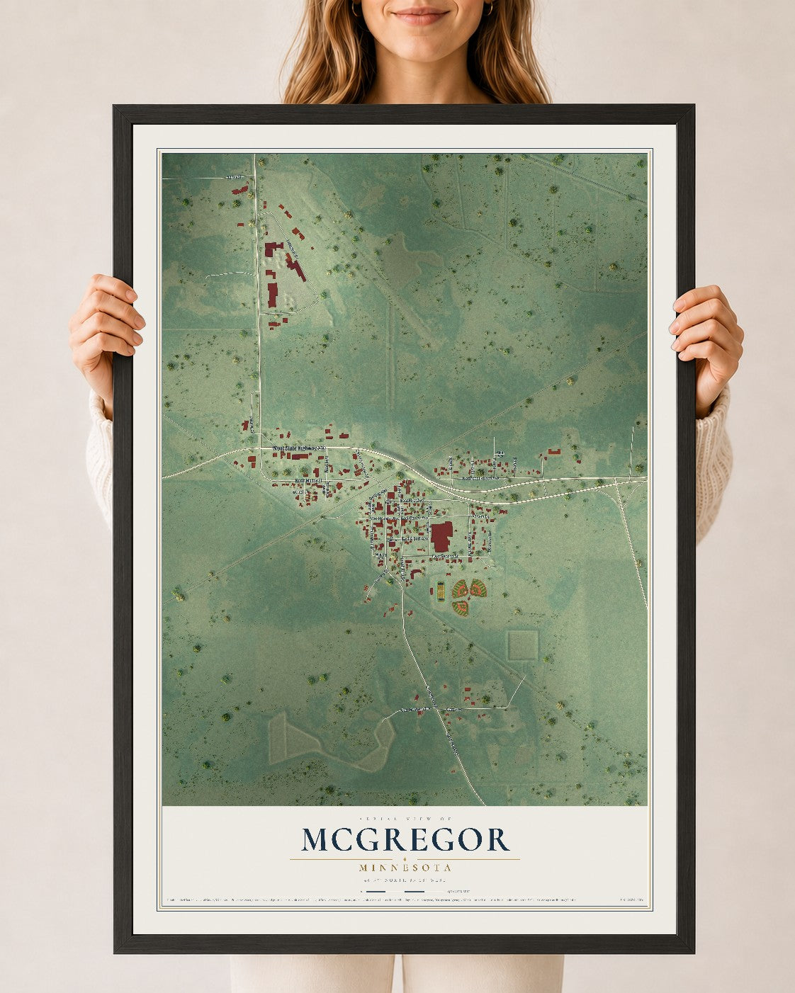 Map of McGregor, Minnesota, 24 x 36 inch print in a black wood frame