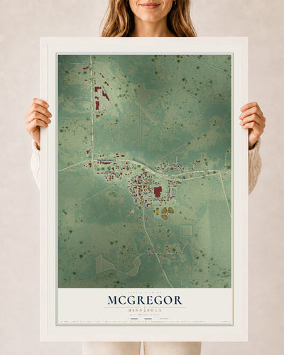 Map of McGregor, Minnesota, 24 x 36 inch print in a white wood frame