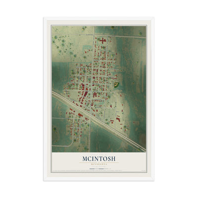 Map of McIntosh, Minnesota, 12 x 18 inch print in a white wood frame