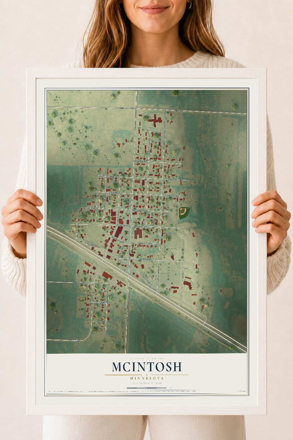 Map of McIntosh, Minnesota, 18 x 24 inch print in a white wood frame