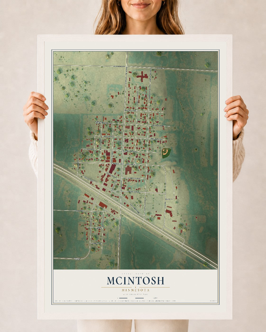 Map of McIntosh, Minnesota, 24 x 36 inch print in a white wood frame
