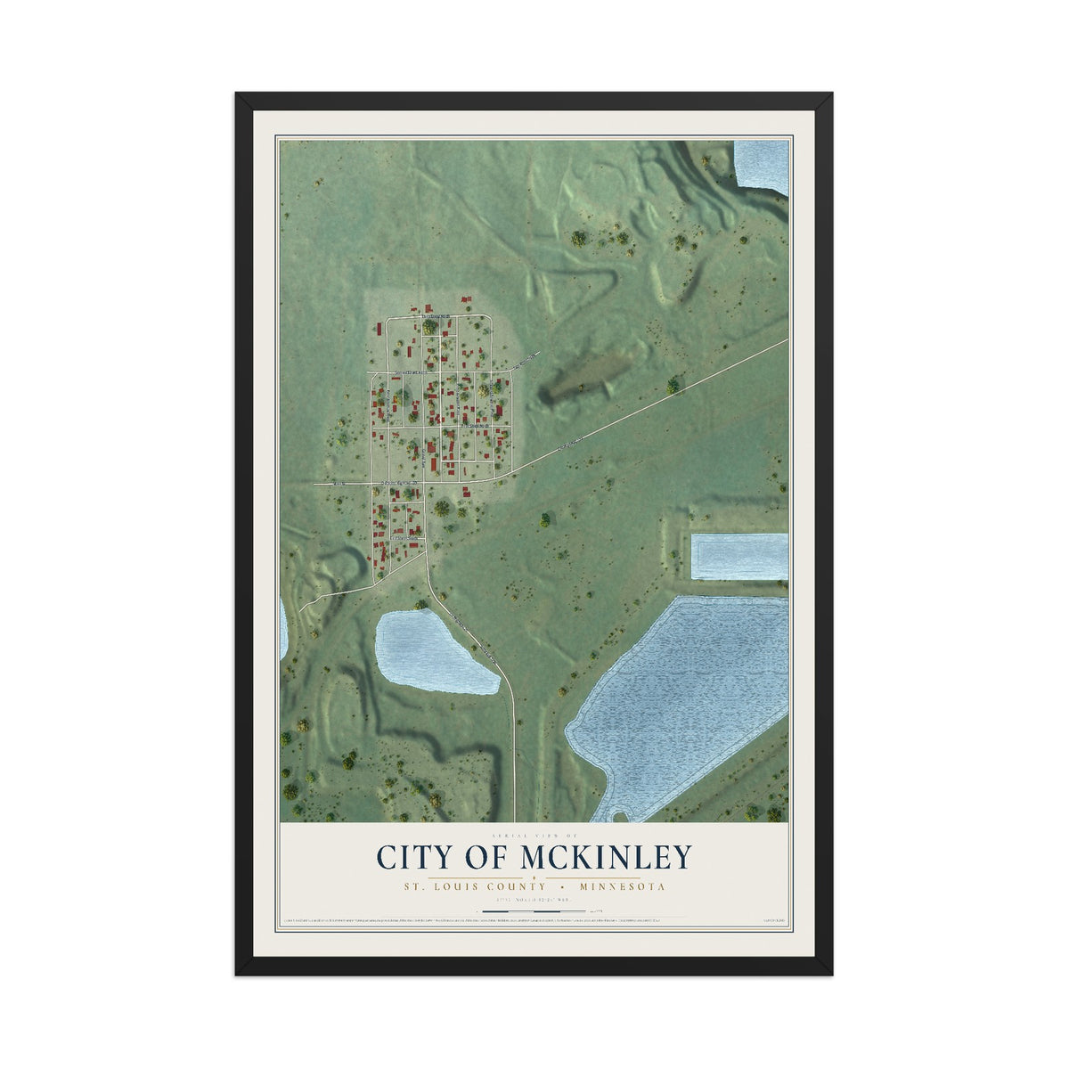 Map of McKinley, Minnesota, 12 x 18 inch print in a black wood frame