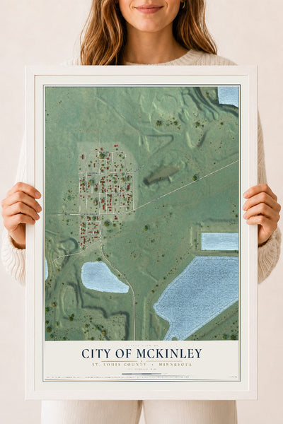 Map of McKinley, Minnesota, 18 x 24 inch print in a white wood frame