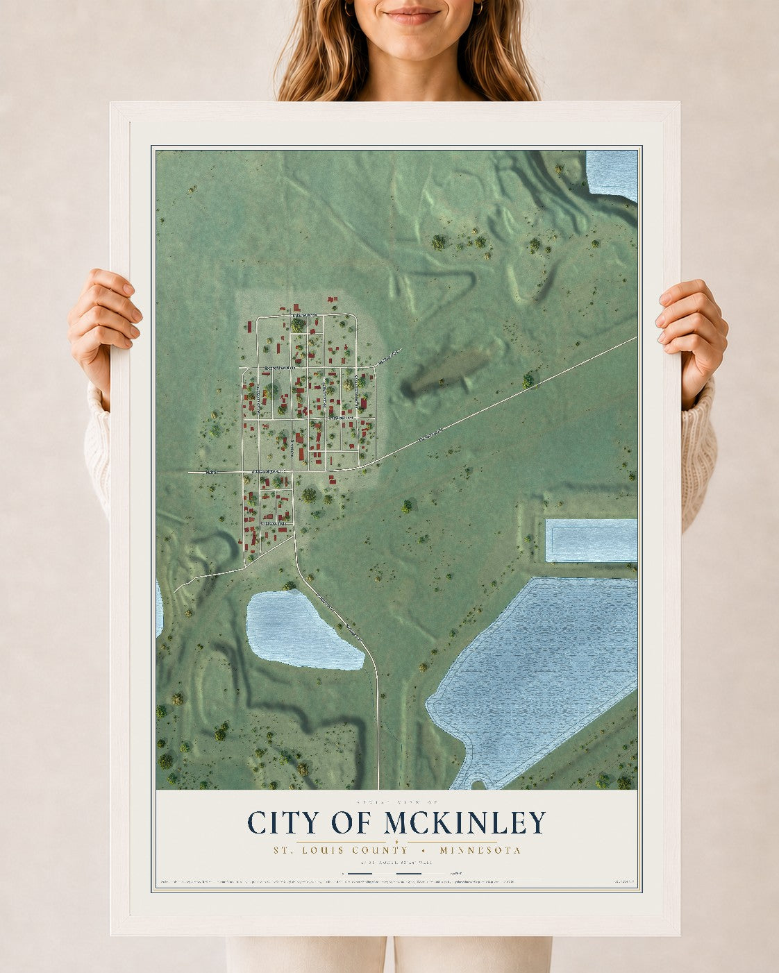 Map of McKinley, Minnesota, 24 x 36 inch print in a white wood frame