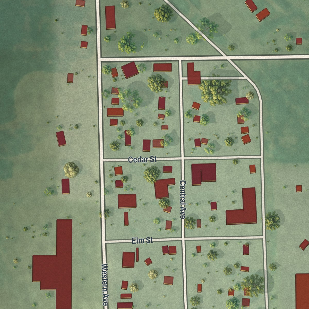 Close-up of the map of Meadowlands, Minnesota print showing street and building detail