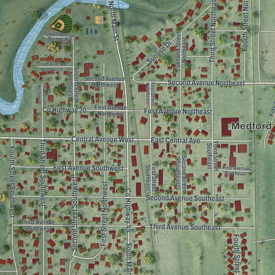 Close-up of the map of Medford, Minnesota print showing street and building detail