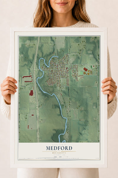 Map of Medford, Minnesota, 18 x 24 inch print in a white wood frame