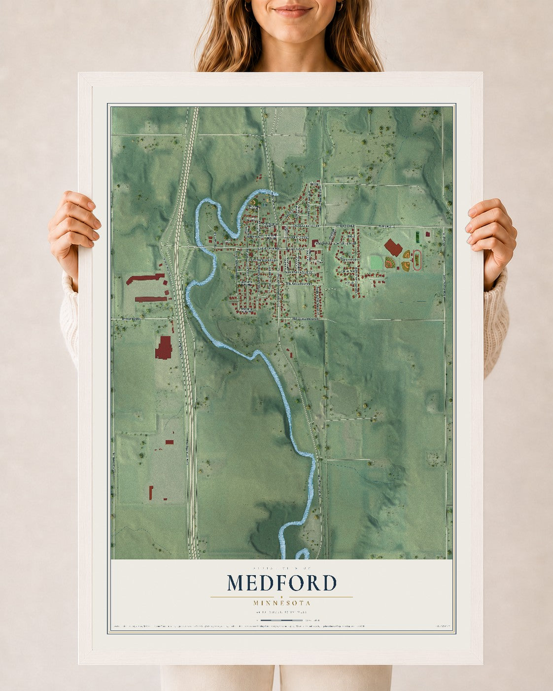 Map of Medford, Minnesota, 24 x 36 inch print in a white wood frame