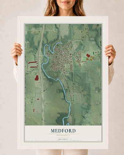 Map of Medford, Minnesota, 24 x 36 inch print in a white wood frame