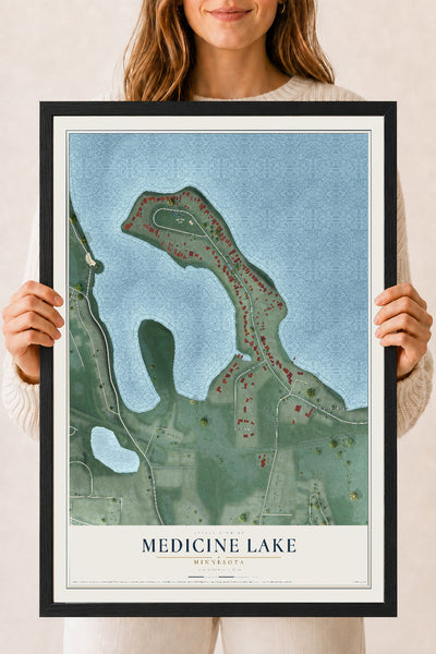 Map of Medicine Lake, Minnesota, 18 x 24 inch print in a black wood frame
