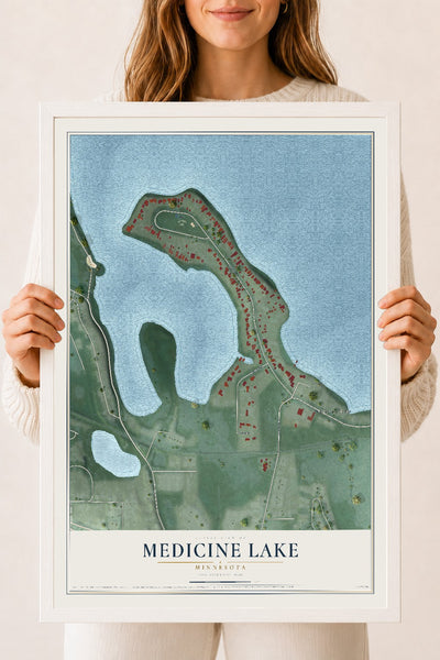 Map of Medicine Lake, Minnesota, 18 x 24 inch print in a white wood frame