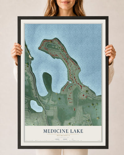 Map of Medicine Lake, Minnesota, 24 x 36 inch print in a black wood frame