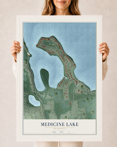 Map of Medicine Lake, Minnesota, 24 x 36 inch print in a white wood frame