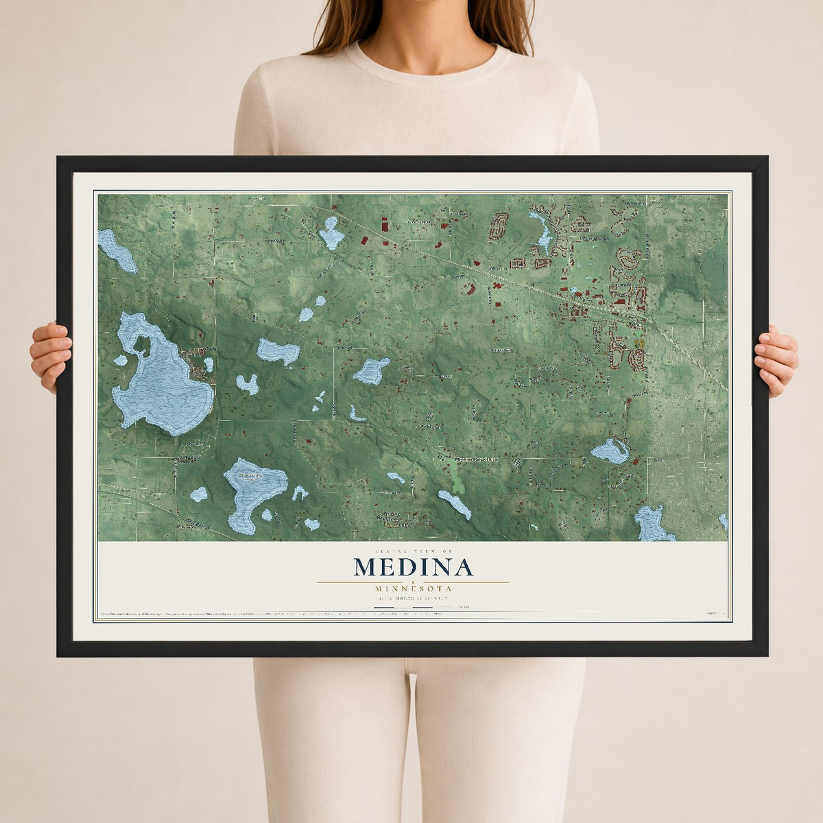 Map of Medina, Minnesota, 24 x 36 inch print in a black wood frame