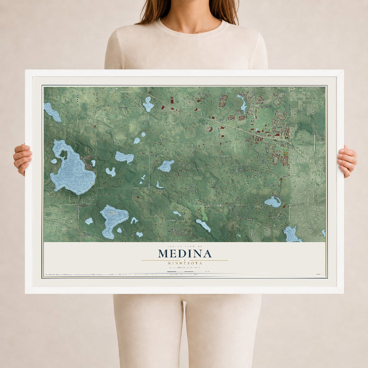 Map of Medina, Minnesota, 24 x 36 inch print in a white wood frame