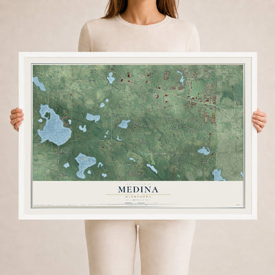 Map of Medina, Minnesota, 24 x 36 inch print in a white wood frame