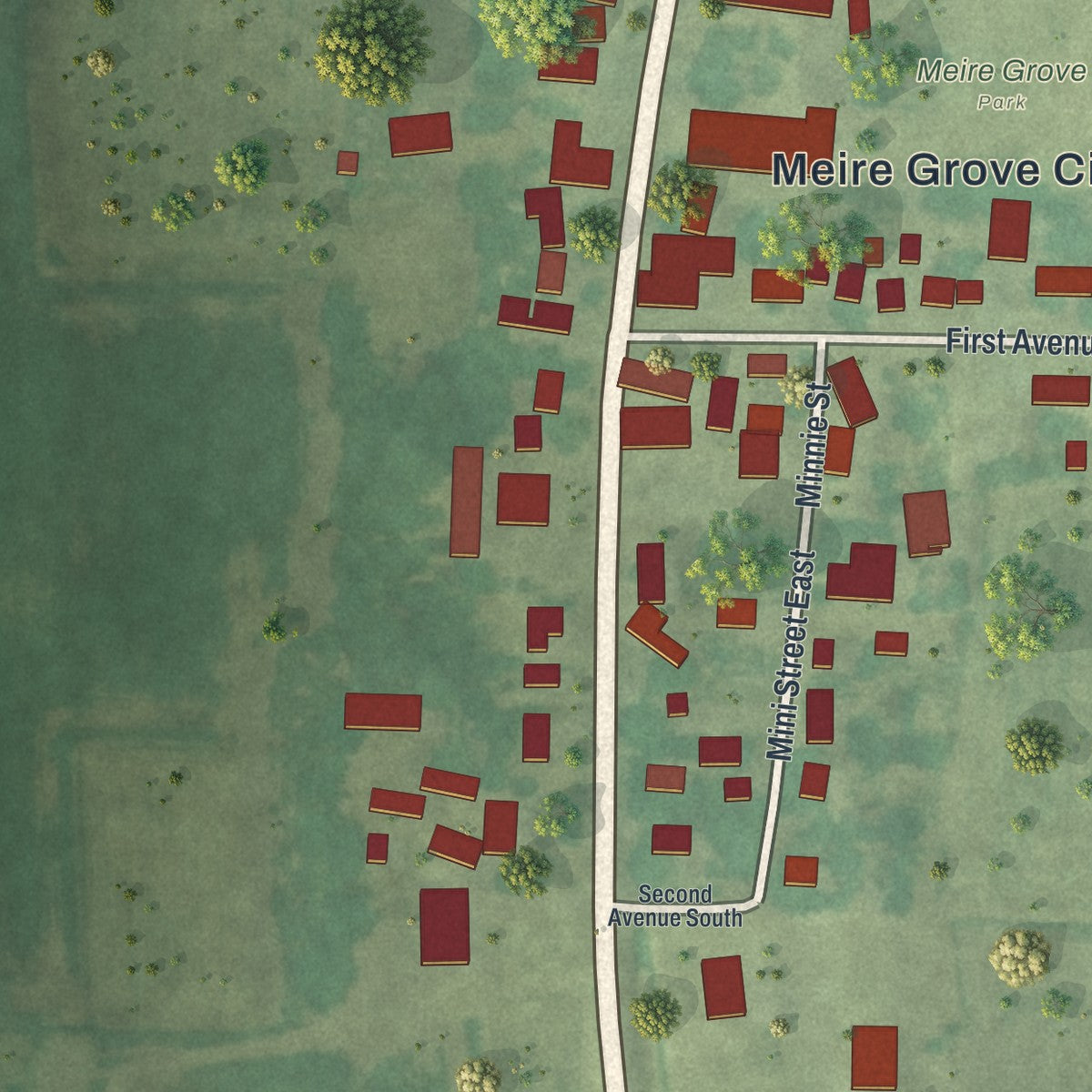 Close-up of the map of Meire Grove, Minnesota print showing street and building detail