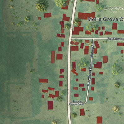 Close-up of the map of Meire Grove, Minnesota print showing street and building detail