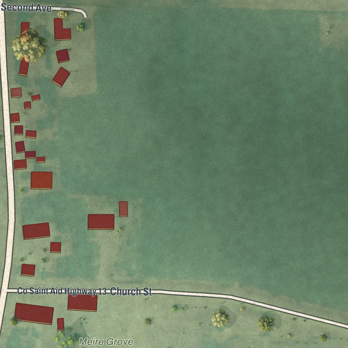 Second close-up of the map of Meire Grove, Minnesota print showing more streets and buildings