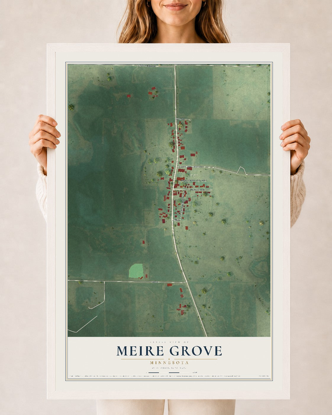 Map of Meire Grove, Minnesota, 24 x 36 inch print in a white wood frame