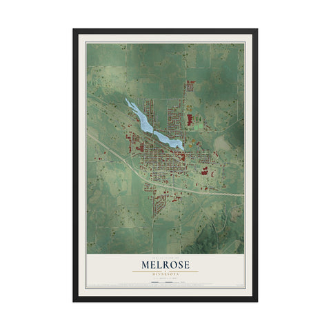 Map of Melrose, Minnesota, 12 x 18 inch print in a black wood frame