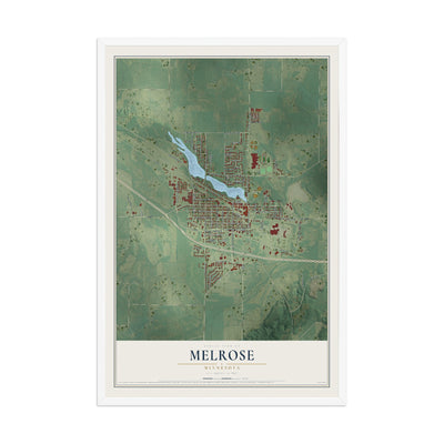 Map of Melrose, Minnesota, 12 x 18 inch print in a white wood frame