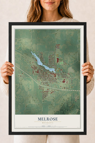 Map of Melrose, Minnesota, 18 x 24 inch print in a black wood frame