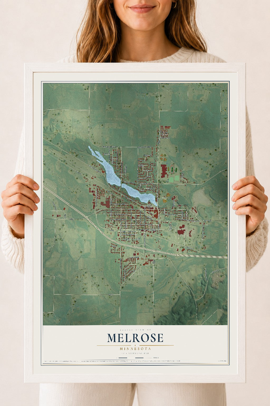 Map of Melrose, Minnesota, 18 x 24 inch print in a white wood frame