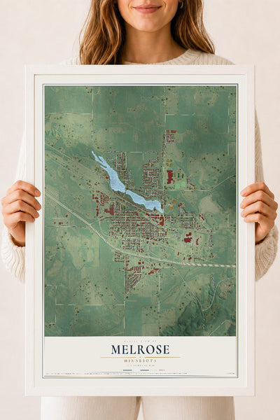 Map of Melrose, Minnesota, 18 x 24 inch print in a white wood frame