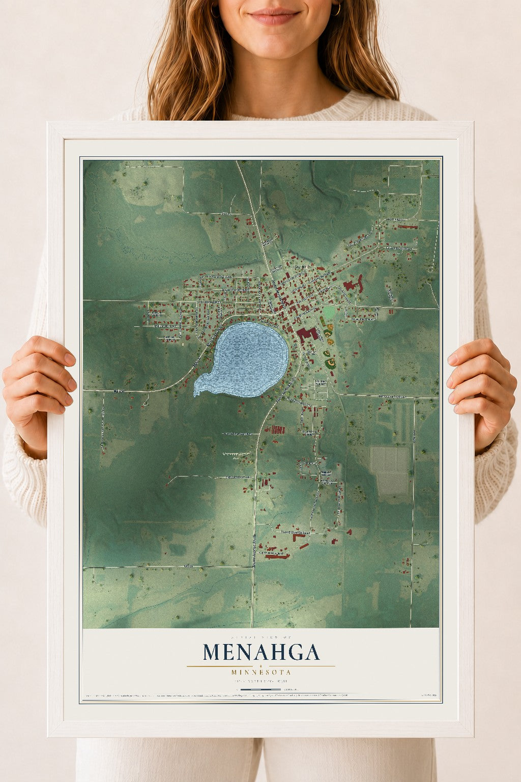 Map of Menahga, Minnesota, 18 x 24 inch print in a white wood frame