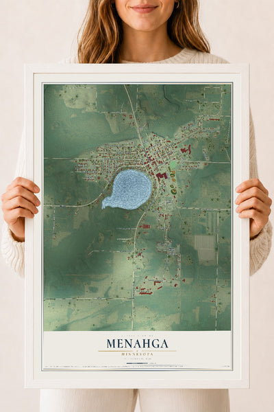 Map of Menahga, Minnesota, 18 x 24 inch print in a white wood frame