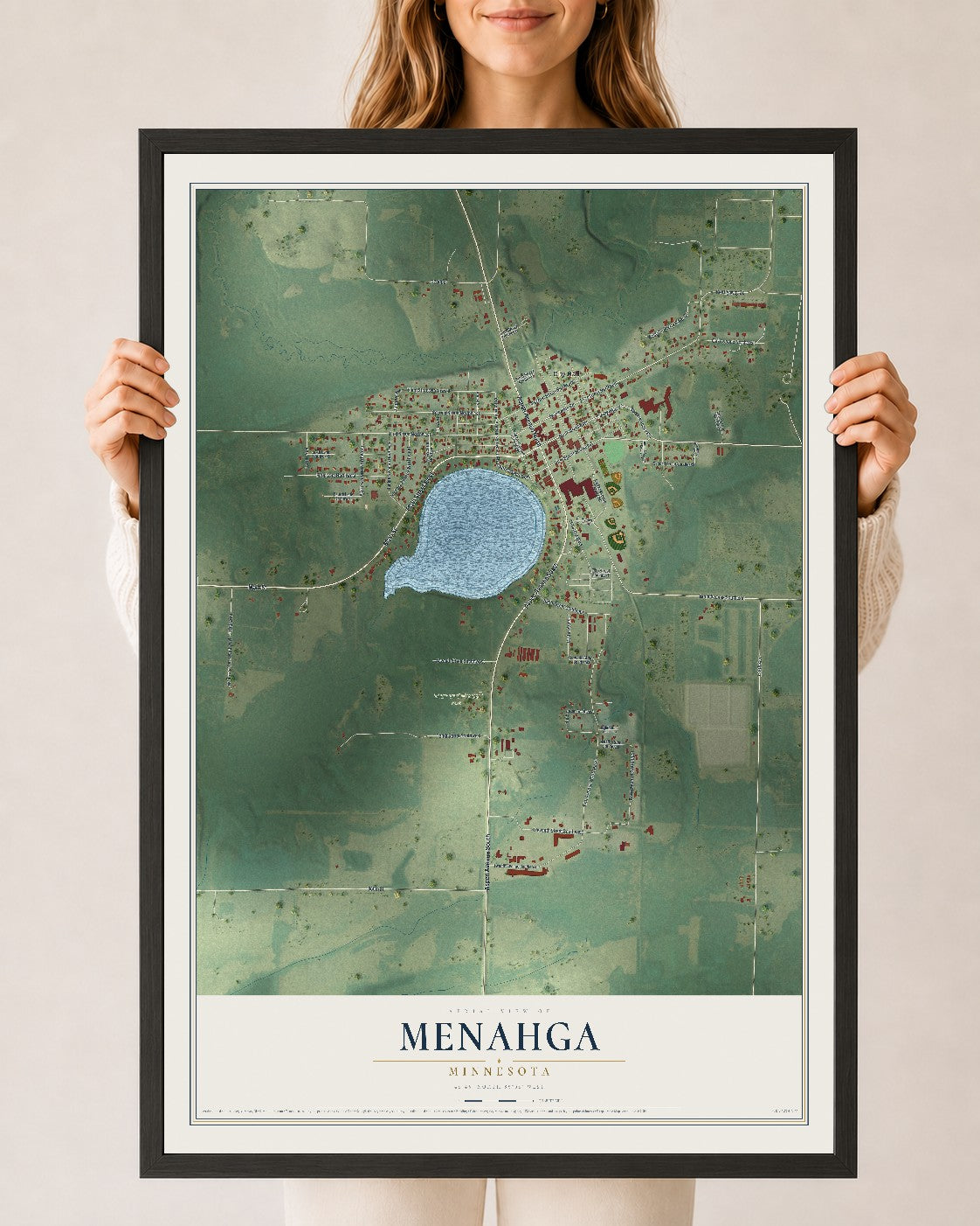 Map of Menahga, Minnesota, 24 x 36 inch print in a black wood frame