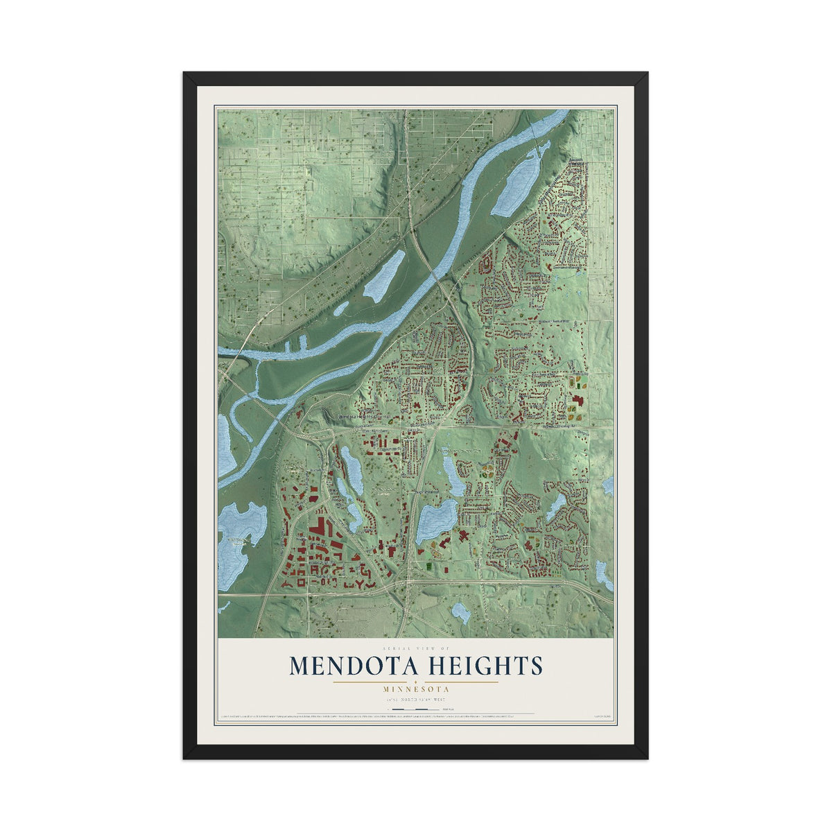 Map of Mendota Heights, Minnesota, 12 x 18 inch print in a black wood frame