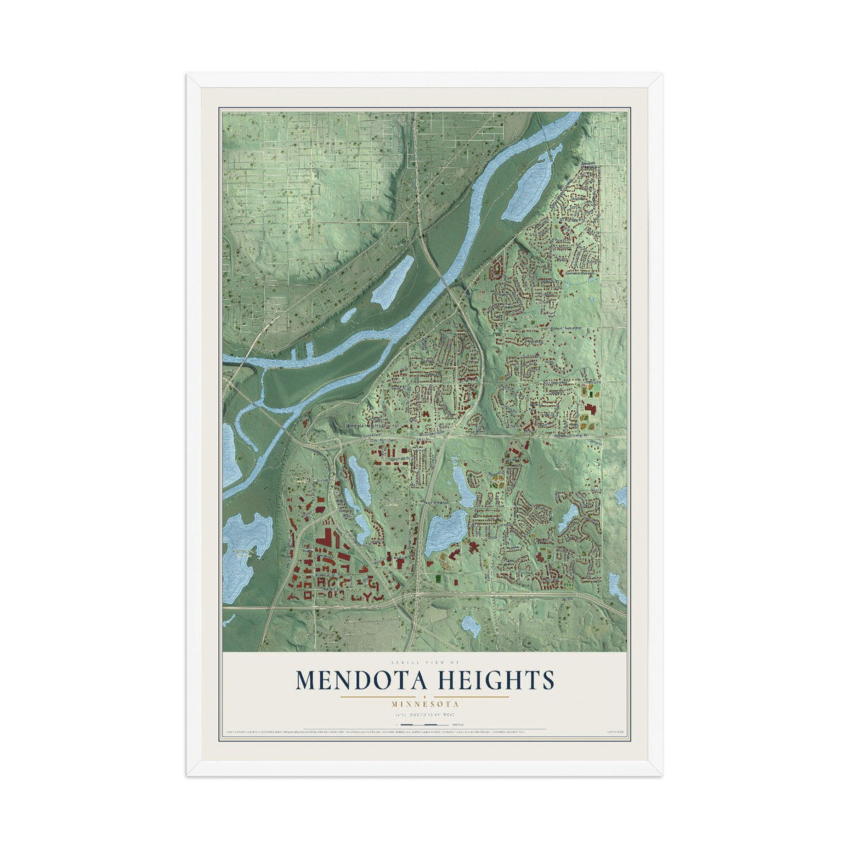 Map of Mendota Heights, Minnesota, 12 x 18 inch print in a white wood frame