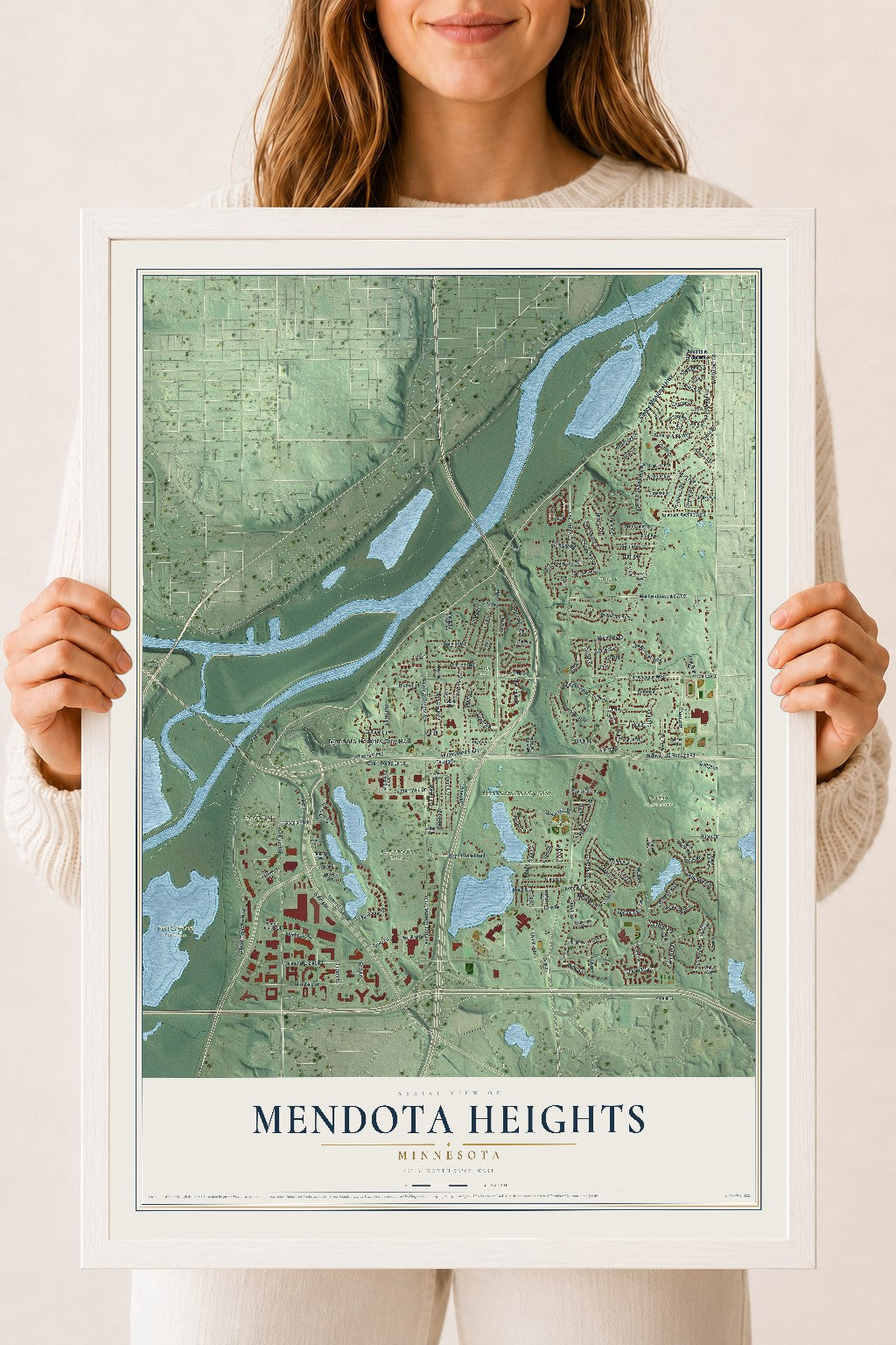 Map of Mendota Heights, Minnesota, 18 x 24 inch print in a white wood frame
