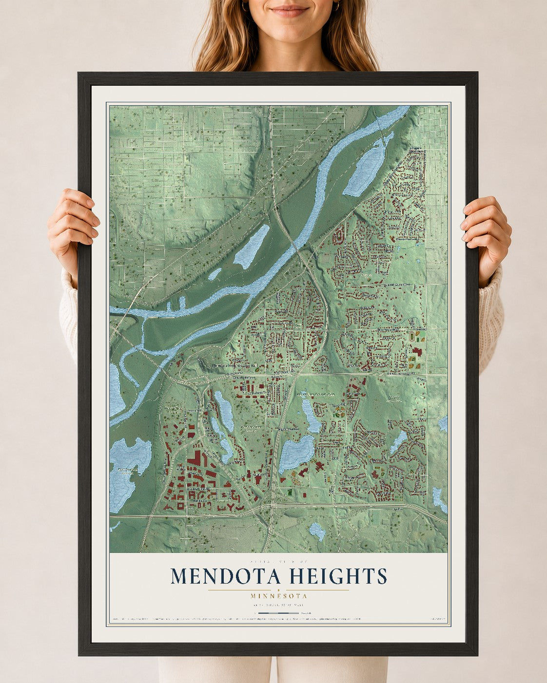 Map of Mendota Heights, Minnesota, 24 x 36 inch print in a black wood frame