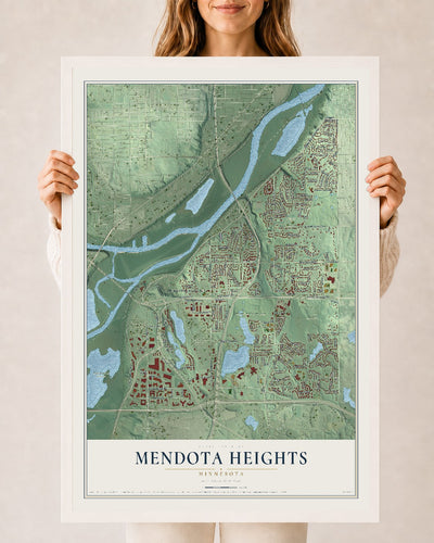 Map of Mendota Heights, Minnesota, 24 x 36 inch print in a white wood frame