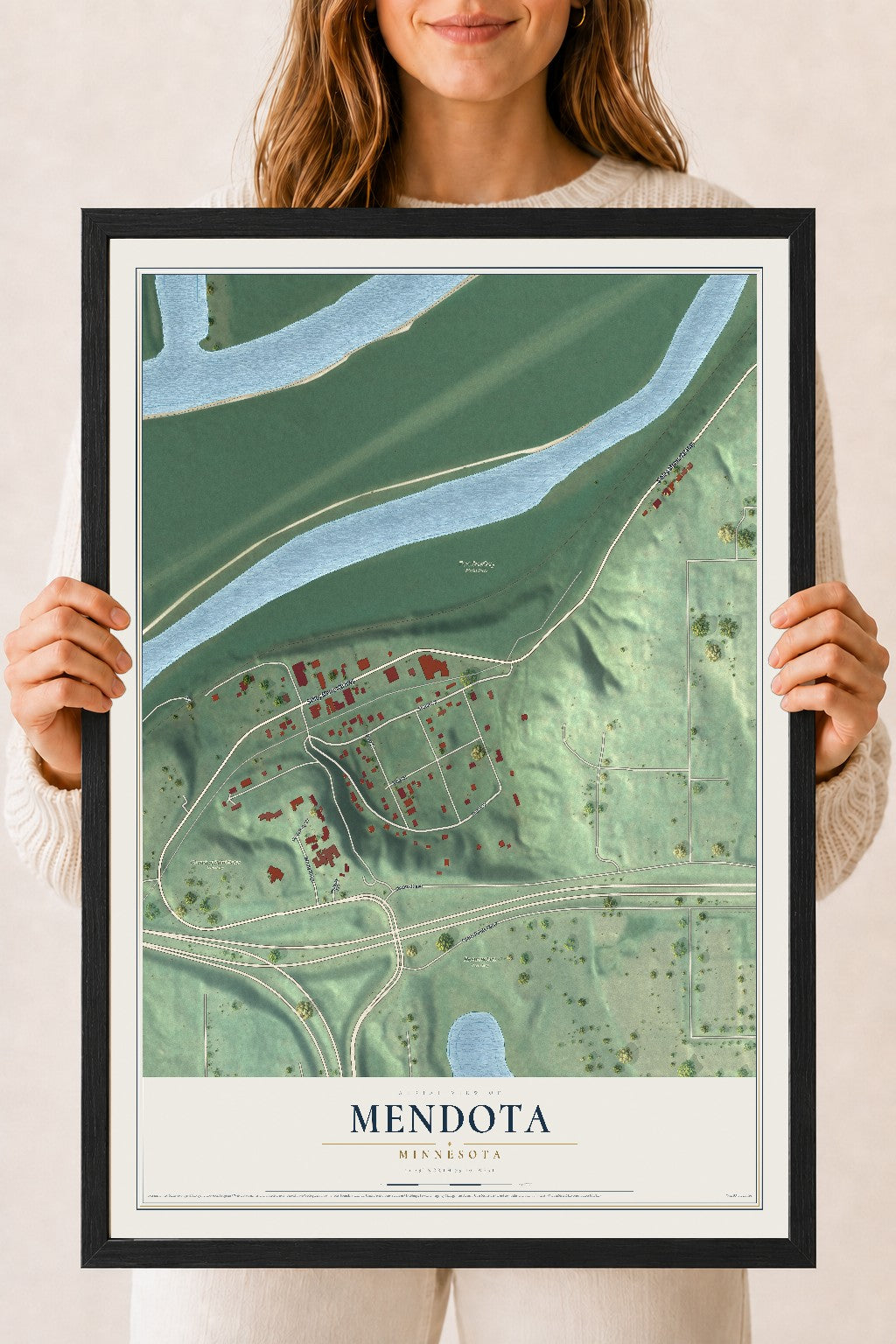 Map of Mendota, Minnesota, 18 x 24 inch print in a black wood frame