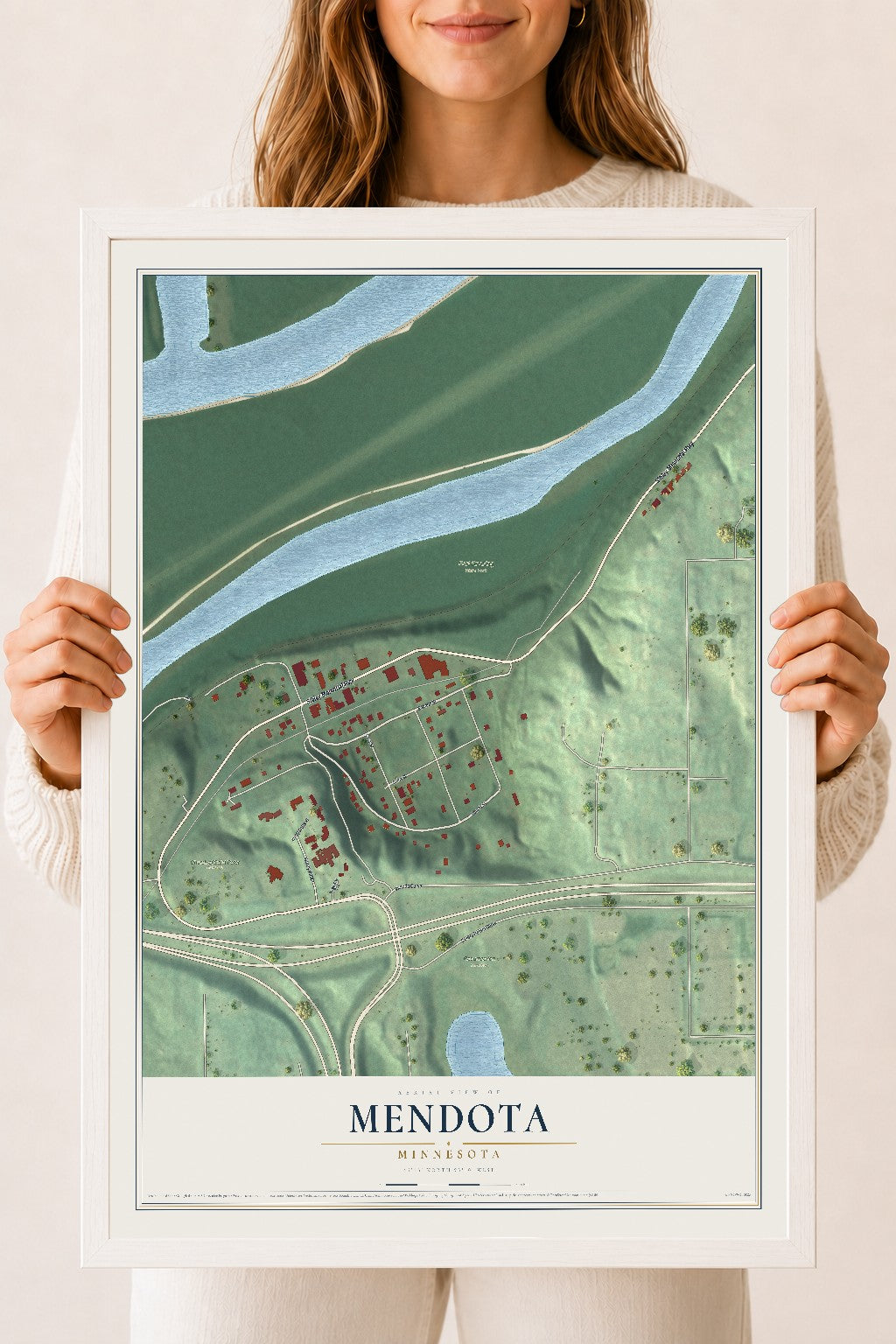 Map of Mendota, Minnesota, 18 x 24 inch print in a white wood frame