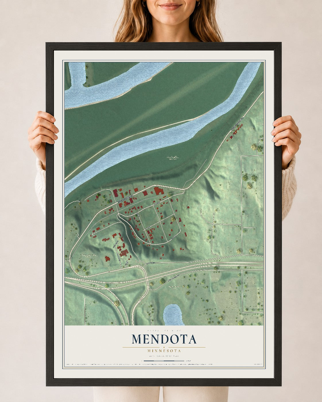 Map of Mendota, Minnesota, 24 x 36 inch print in a black wood frame