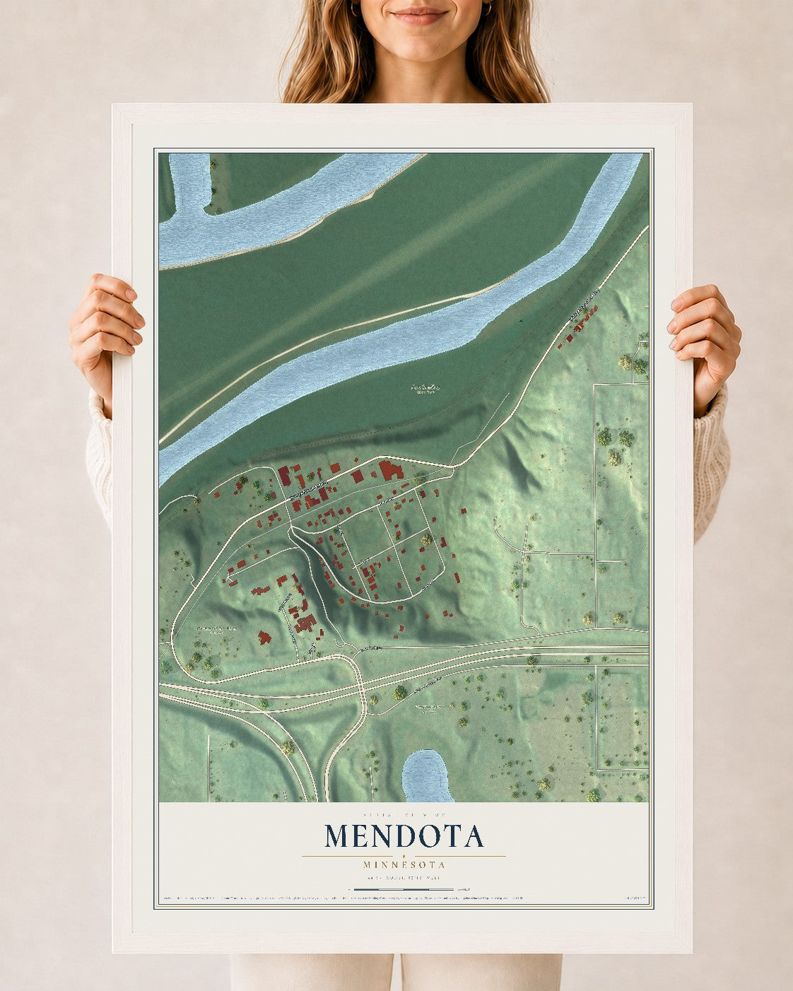 Map of Mendota, Minnesota, 24 x 36 inch print in a white wood frame