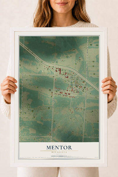 Map of Mentor, Minnesota, 18 x 24 inch print in a white wood frame