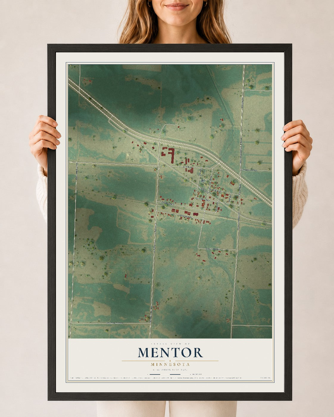 Map of Mentor, Minnesota, 24 x 36 inch print in a black wood frame