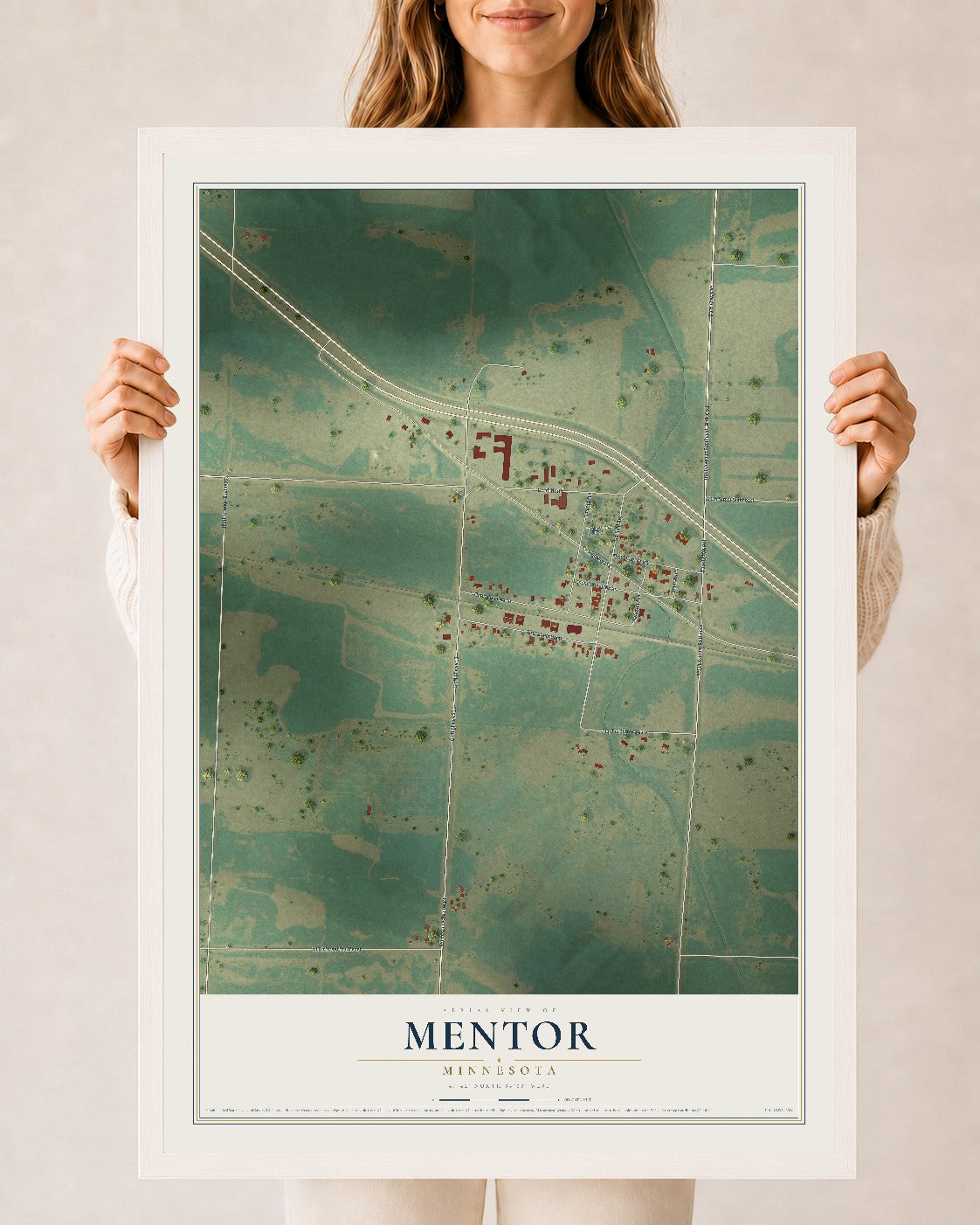 Map of Mentor, Minnesota, 24 x 36 inch print in a white wood frame