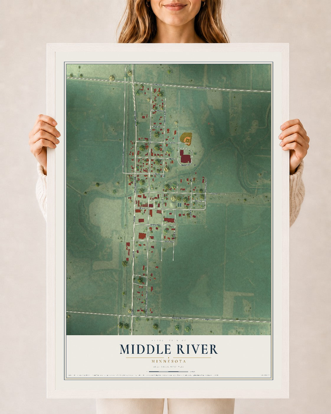 Map of Middle River, Minnesota, 24 x 36 inch print in a white wood frame