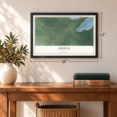 Midway, Minnesota map, 12 x 18 inch print in a black frame in an entryway