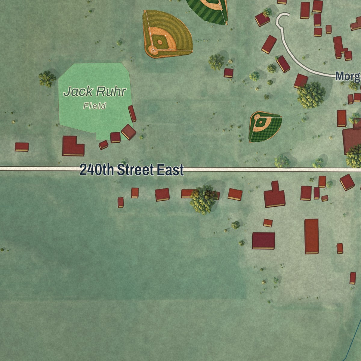 Close-up of the map of Miesville, Minnesota print showing street and building detail
