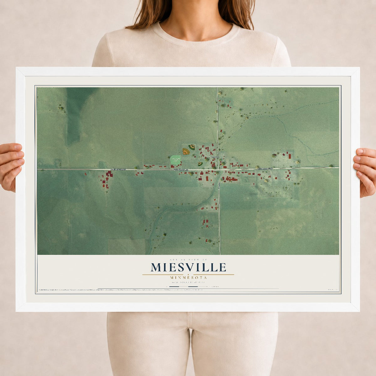 Map of Miesville, Minnesota, 18 x 24 inch print in a white wood frame